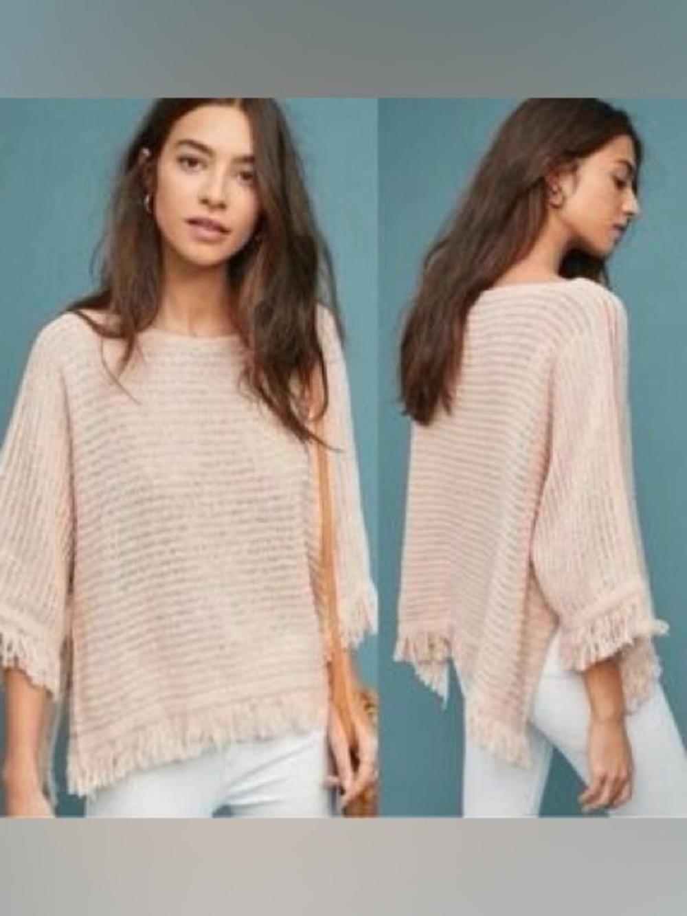 Anthropologie Akemi + Kin Frenchie fringe poncho sweater. XS. Muted Pink.